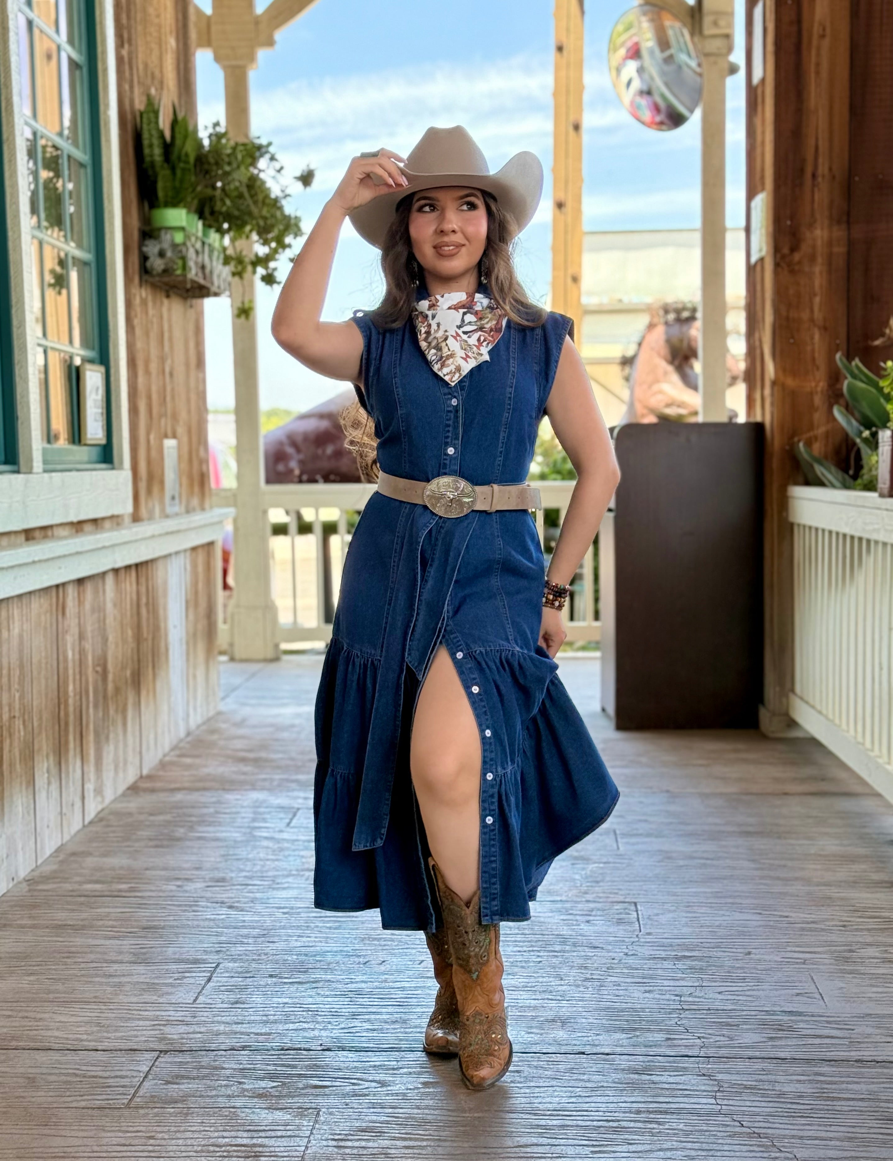 Barbara Denim Tiered Midi Dress – VALEDOR Western